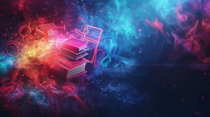 Neon School Supplies Floating in Cosmic Abstract Background for Back to School Creativity and Modern Education