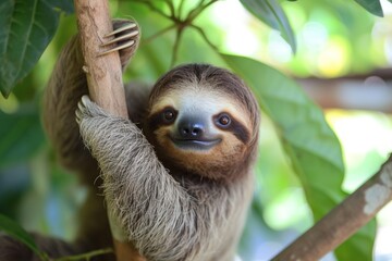 Naklejka premium A funny sloth hanging upside down on a tree branch with a cute face and playful expression in a lush green environment during the daytime