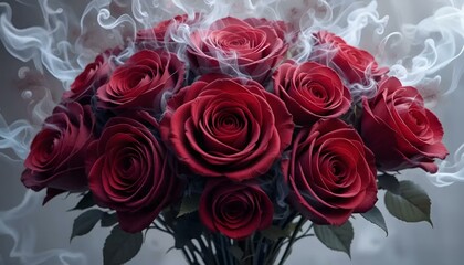 Dramatic bouquet of red roses with swirling smoke on a smoky background
