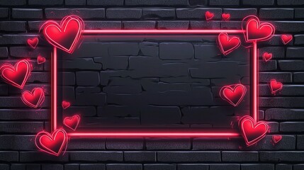 Neon Heart Frame on Black Brick Wall for Romantic Decor Ideas