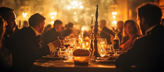 Elegant candlelit dinner party guests, mansion, celebration