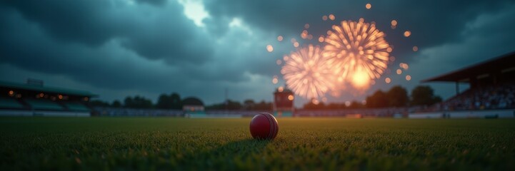 A vibrant cricket scene capturing a ball in focus with fireworks illuminating the sky, perfect for sports highlights and event promotions.