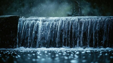 Rainy Waterfall: Cascading water flows over a low dam, the rain adding to the torrent in a moody, atmospheric image.  The dark, glistening water creates a dramatic contrast.