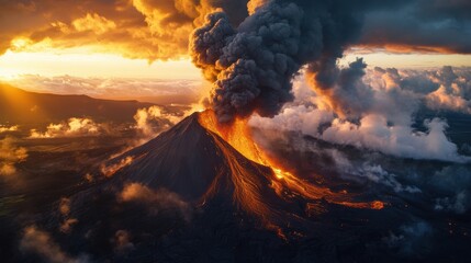 Volcanic Eruption at Sunset: An aerial view of an active volcano spewing lava and ash against a fiery sunset sky. The eruption's power and the sun's fading light create a dramatic, almost apocalyptic.
