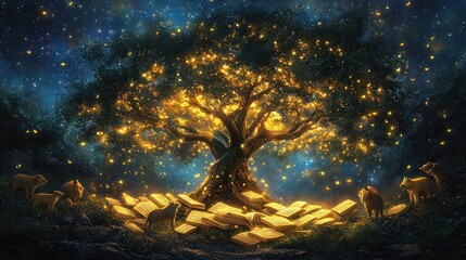 Fototapeta premium Luminous tree illuminating ancient books surrounded by wolves under a starry night.