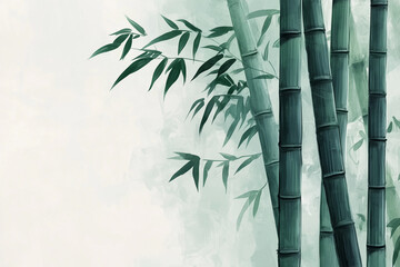 Serene green bamboo stalks with lush leaves against soft pastel background