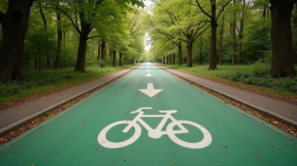 A bicycle lane along tree lined road promotes eco friendly transportation and encourages outdoor activities. 
