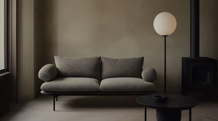 Modern minimalist living room sofa lamp and wood stove