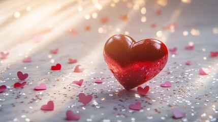Valentine day background with A heart is sitting on a table with many other hearts scattered around it. The heart is red and the table is white