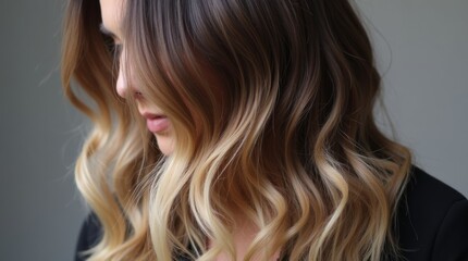 Naklejka premium A beautiful representation of the balayage technique, highlighting natural gradients in hair color, expertly blending dark roots with lighter ends for a sophisticated look