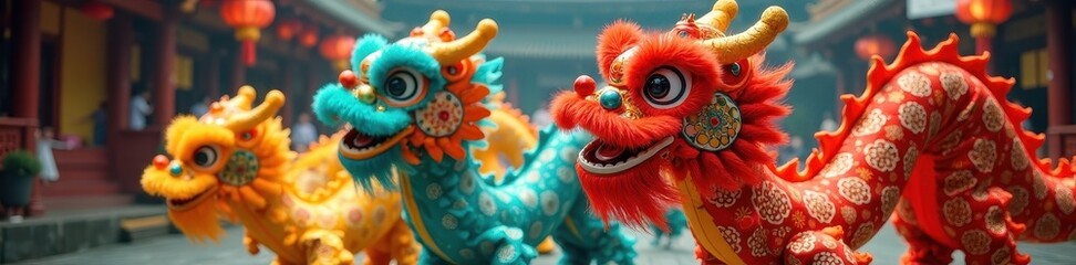 Fototapeta premium Dancers perform traditional Chinese dragon dance, vibrant colors, movement, art