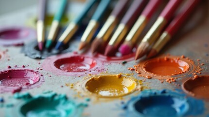 A detailed closeup of a palette with acrylic paint and an array of paintbrushes in different colors, highlighting the essence of artistic creation.