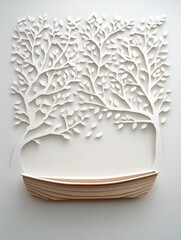 Creative paper art depicting trees and a boat on a wall
