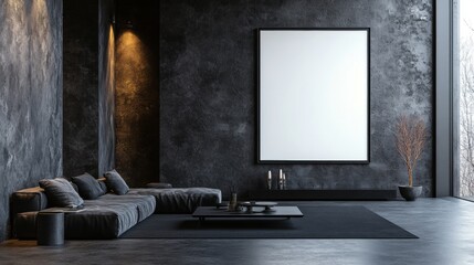 Modern Minimalist Living Room with Dark Walls and Blank Canvas