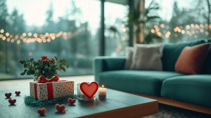Obraz premium Living room beautifully decorated for Valentine's Day with heart-shaped accents and warm ambiance