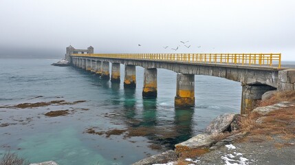Foggy Coastal Pier with Seagulls and Calm Waters at Dawn