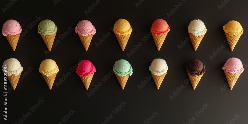 Poster colorful ice cream cones arranged in a neat row. each cone features a different flavor and color. th