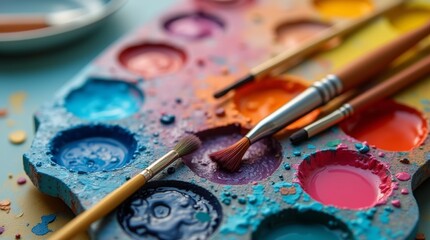 Obraz premium A detailed closeup of a palette with acrylic paint and an array of paintbrushes in different colors, highlighting the essence of artistic creation