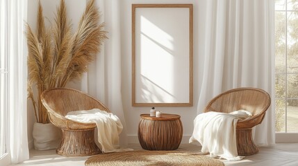 Cozy and Bright Interior with Natural Elements and Empty Frame