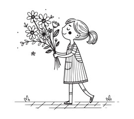 Girl standing and picked flowers a one line art drawing style black linear sketch isolated on transparency
