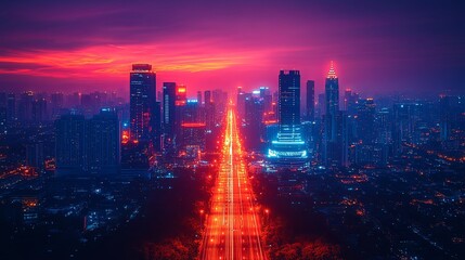 Cityscape at Sunset: Vibrant Neon Highway and Skyline