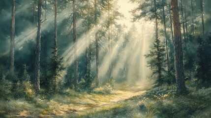 Obraz premium Sunlight Filters Through Trees in Serene Forest Landscape Scene