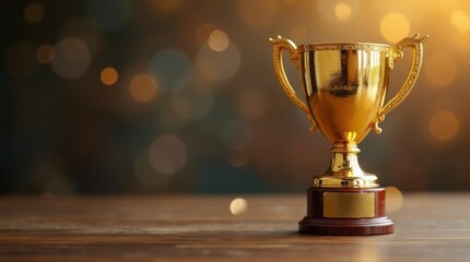Achievement success in education awards concept. Golden trophy cup winner on bokeh background. Congratulation in university