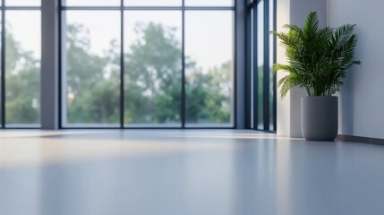 Obraz premium A spacious interior with large windows, showcasing a plant and natural light.