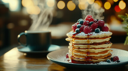 Fluffy pancakes stacked high with fresh berries and syrup served beside a steaming cup of coffee