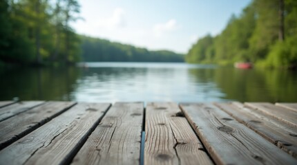 Fototapeta premium View of a lake from a wooden dock, great for outdoor scenes and nature-inspired designs 