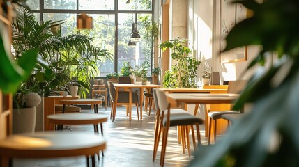 A Tranquil Cafe Oasis: A glimpse into a sunlit cafe, invitingly filled with natural light and lush greenery, the perfect backdrop for a peaceful afternoon coffee. 