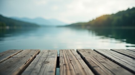 Naklejka premium View of a lake from a wooden dock, great for outdoor scenes and nature-inspired designs 