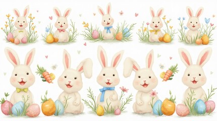 Naklejka premium Easter, bunny, rabbit, carrot, basket, fruit, vector