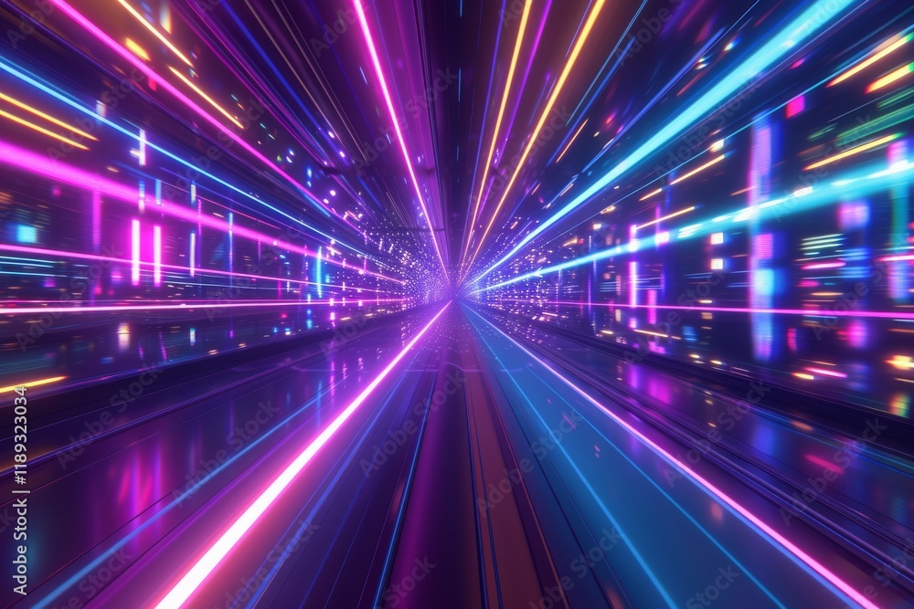 Poster a vibrant display of neon streaks illuminating a futuristic tunnel at night, creating an immersive v