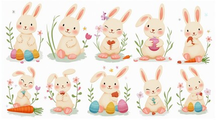 Obraz premium Easter, bunny, rabbit, carrot, basket, fruit, vector