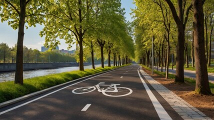 Obraz premium A bicycle lane along tree lined road promotes eco friendly transportation and encourages outdoor activities. 