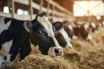 A group of cows feeding on hay in the cozy cowshed during late afternoon light showcases farm life and livestock care