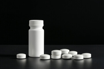 Black and White Image of Pills and Medicine Bottles, Pharmaceutical Products and Healthcare Concept