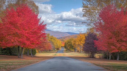 Scenic Autumn Landscape with Colorful Fall Foliage and Driveway