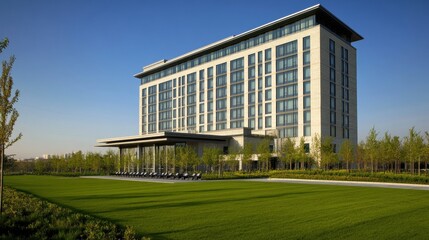 Modern Hotel Exterior with Lush Green Lawn and Clear Sky