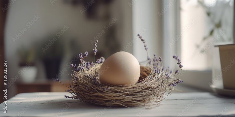 Poster a serene scene featuring a single egg resting in a delicate nest. the natural textures and soft ligh