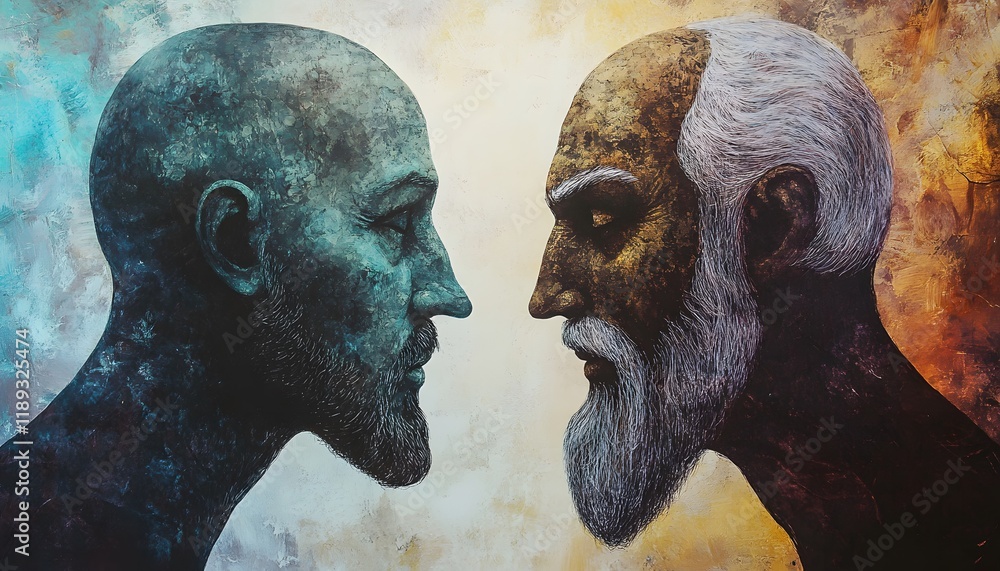 Poster Portraits of Two Human Faces Symbolizing Generational Wisdom and Contrast, Featuring a Youthful Man and an Elderly Man with Distinctive Features Against an Abstract Background
