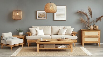 Fototapeta premium Cozy Modern Living Room with Neutral Tones and Natural Decor