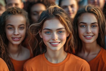 Fototapeta premium Group of young people stand close together wearing orange shirts. Diverse group smiles happily. Look directly at camera. Together in social setting. Portrait of positive multiracial group.