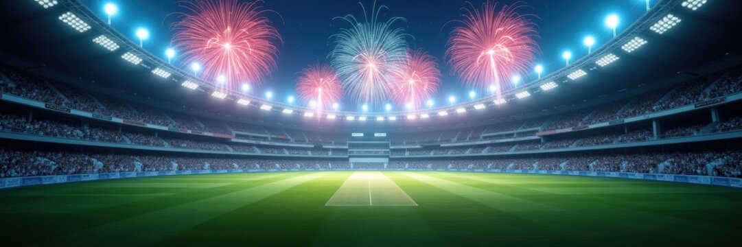 Celebrate the excitement of cricket with this vibrant stadium scene, featuring a lush field, bright lights, and festive fireworks, perfect for sports promotions and event marketing.