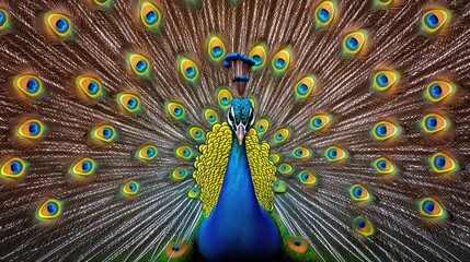 Obraz premium Majestic Peacock Displaying Vibrant Plumage in Natural Setting with Lush Greenery and Sunlight