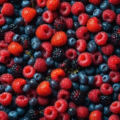 A cascade of mixed berries floating in the air with a glowing, cosmic background.