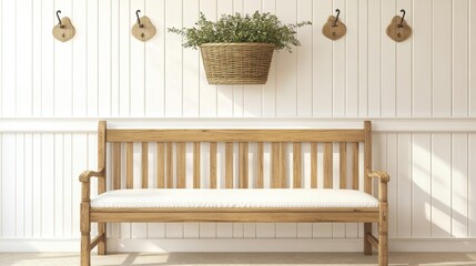Cozy Wooden Bench with Wall Hooks and Hanging Planter in Room