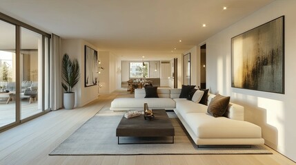 Modern Minimalist Living Room: Sunlit Interior with Elegant Sectional Sofa