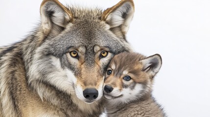 Fototapeta premium a gray wolf with its cub against a white background